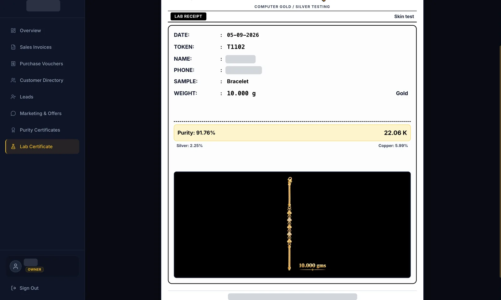 Computer gold testing lab report with sample token number, precision test weight, karat rating, and spectrometer readings